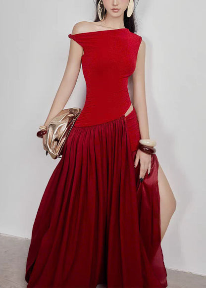 Stylish Red Wrinkled Hollow Out Cotton Long Dress Sleeveless