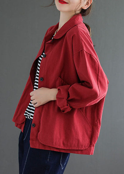 Red Button Peter Pan Collar Coats Long Sleeve