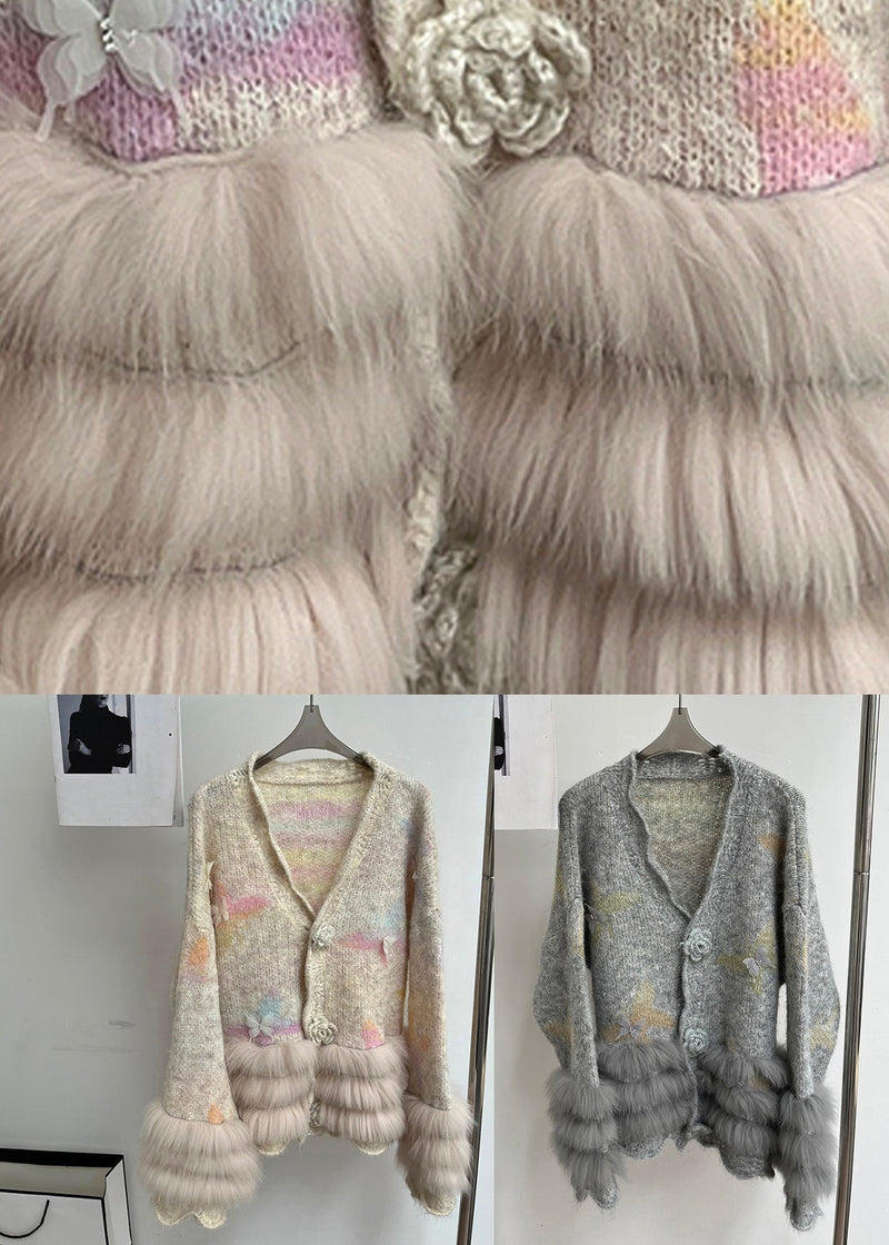 Modern Light Grey V Neck Fur Cotton Knit Cardigans Spring