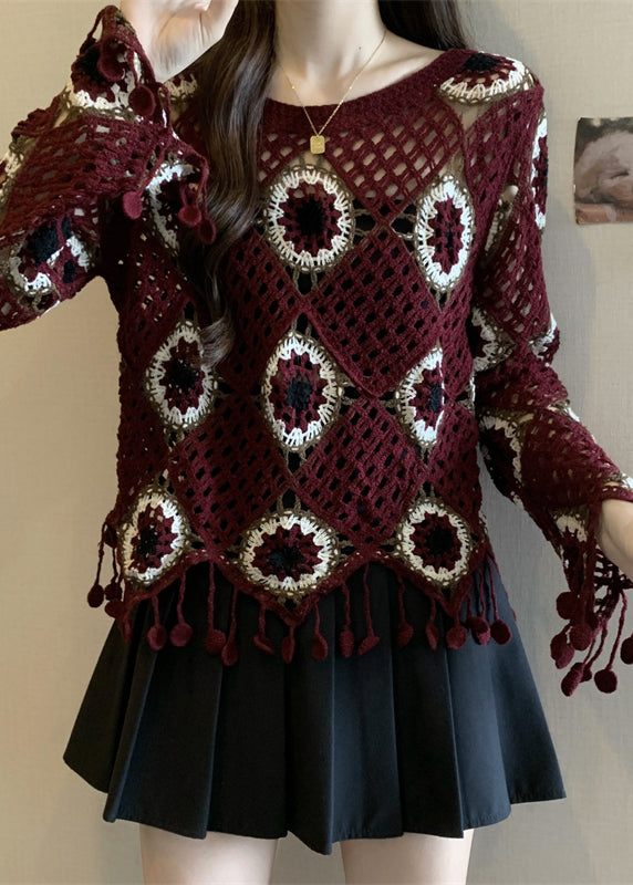 Red Patchwork Knit Top Flare Sleeve