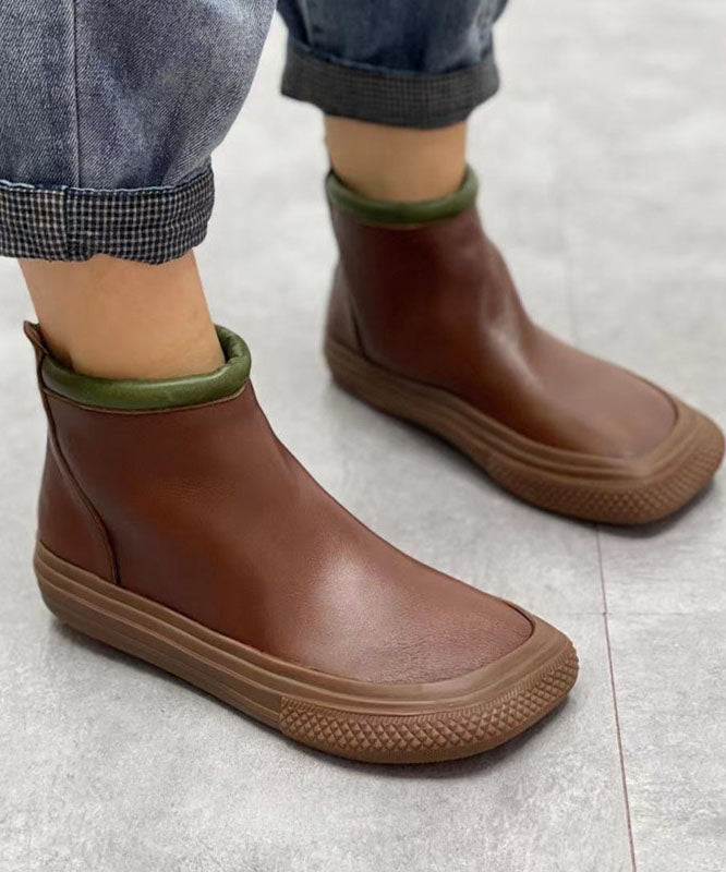 Chocolate Zippered Boots Cowhide Leather Ankle Boots