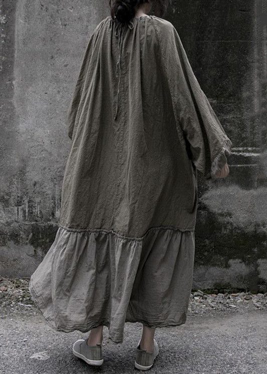 Grey Lace Up Wrinkled Patchwork Cotton Long Dresses Spring