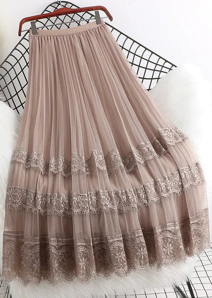 Brown High Waist Tulle Maxi Skirts Woman Mesh Lace Patchwork