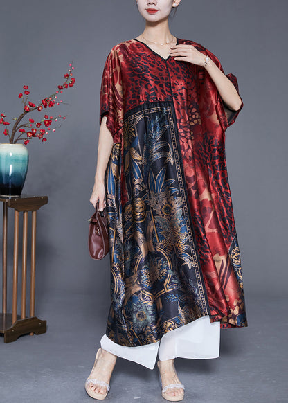 Mulberry V Neck Print Silk Long Dress Summer