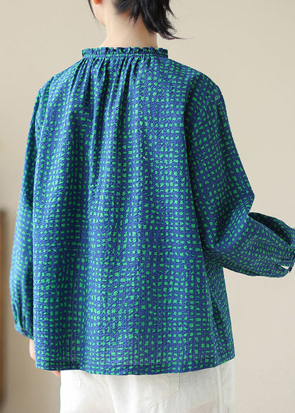 New Blue Ruffled Print Cotton Shirt Tops Spring
