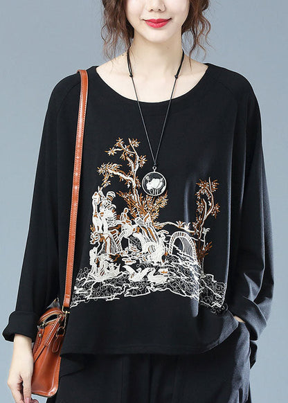 Black O Neck Embroideried Patchwork Cotton T Shirt Top Fall
