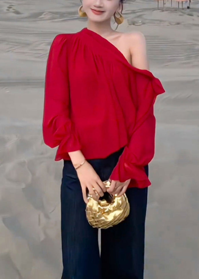 Stylish Red Lace Up Chiffon Shirt Fall