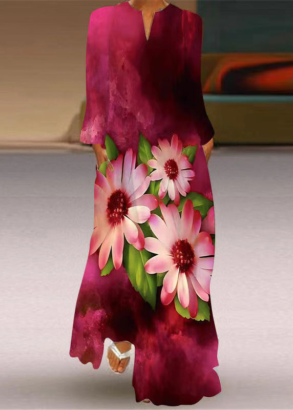 Red V Neck Animal Print Long Dress Long Sleeve
