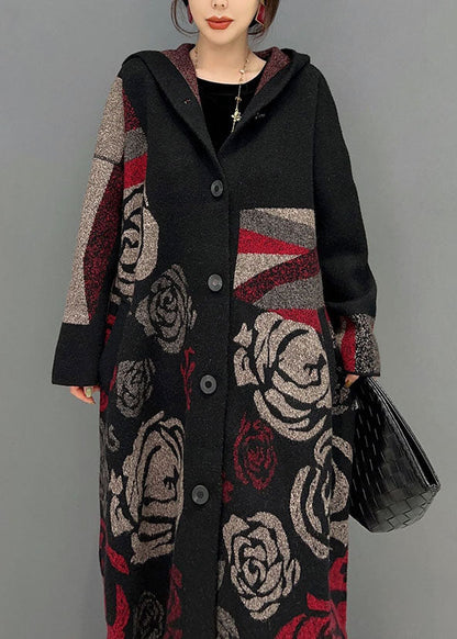 Black Hooded Rose Print Loose Knit Cardigans Spring
