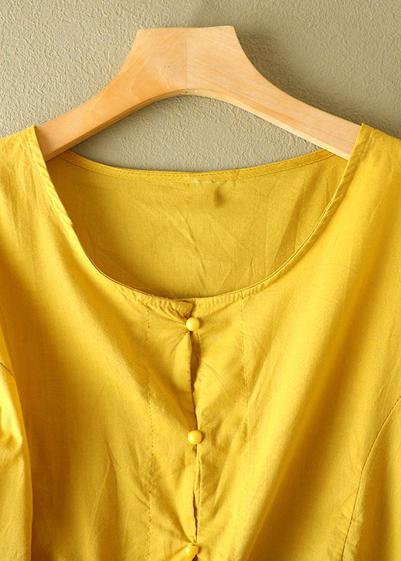 Yellow O-neck Patchwork Wrinkled Cotton Shirt Bracelet Sleeve