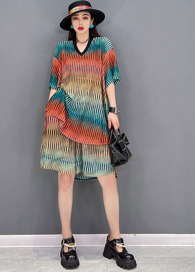 Red Striped Print Cotton Sets Two Pieces Low High Design Summer