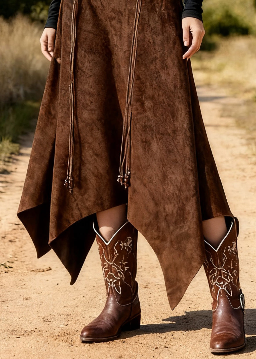 Coffee Asymmetrical Lace Up High Waist Faux Suede Skirts Spring