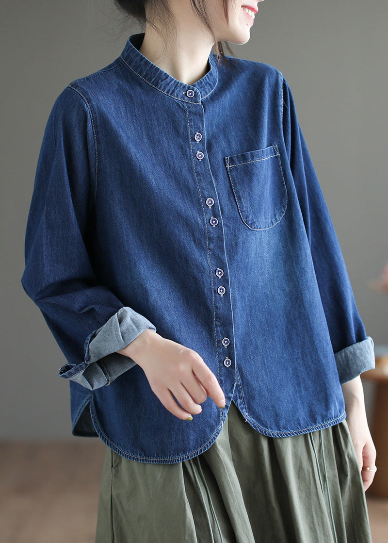 Boutique Navy O-neck Asymmetrical Patchwork Button Denim Shirt Spring