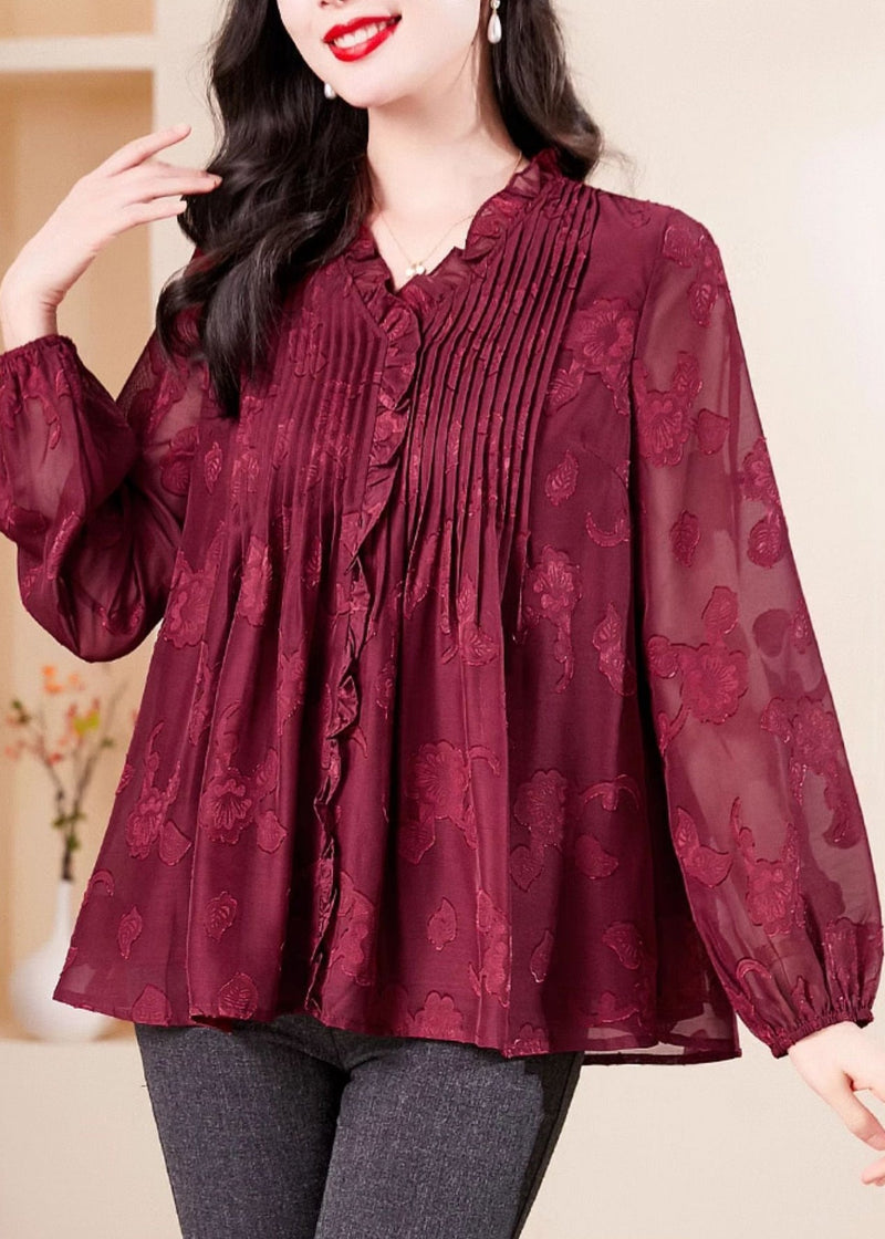 Red V Neck Ruffled Chiffon Shirt Long Sleeve