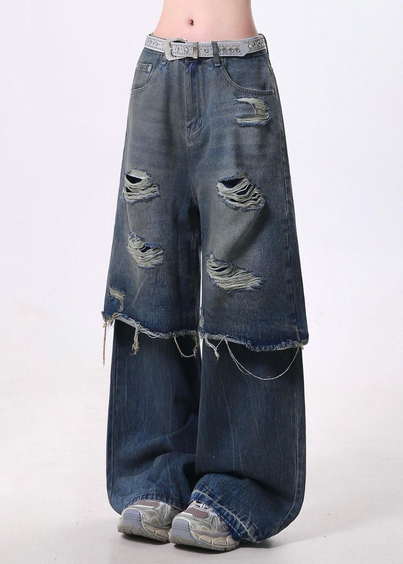 Blue False Two Pieces Patchwork Ripped Denim Pants Spring