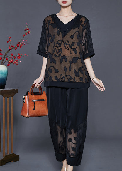Black Patchwork Silk Two Pieces Set Hollow Out Summer