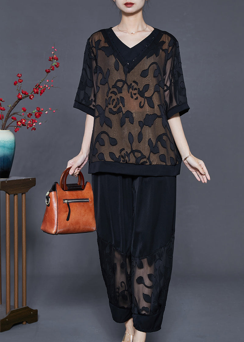 Black Patchwork Silk Two Pieces Set Hollow Out Summer
