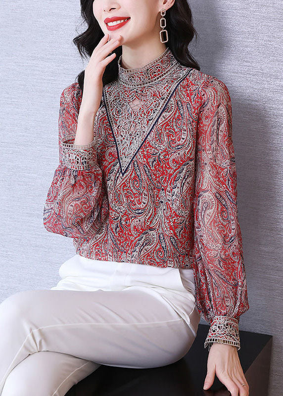Red Stand Collar Embroideried Print Chiffon Top Lantern Sleeve