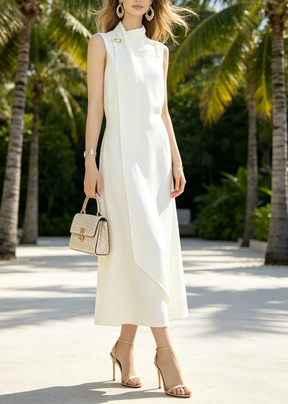 French White Half High Neck Cotton Dress Sleeveless
