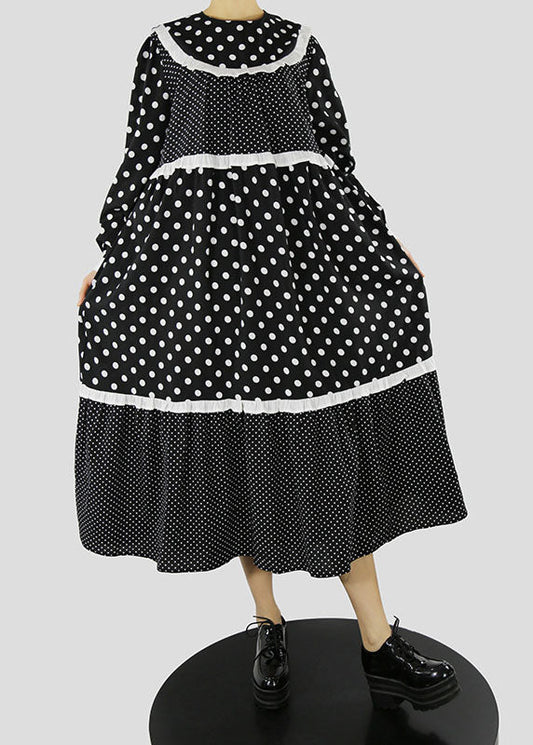 Black Ruffles Zip Up Dot Patchwork Maxi Dresses Spring