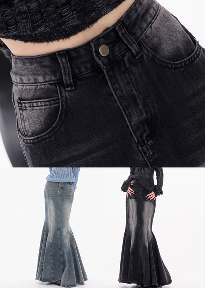 Black Pockets High Waist Denim Maxi Skirts Fall