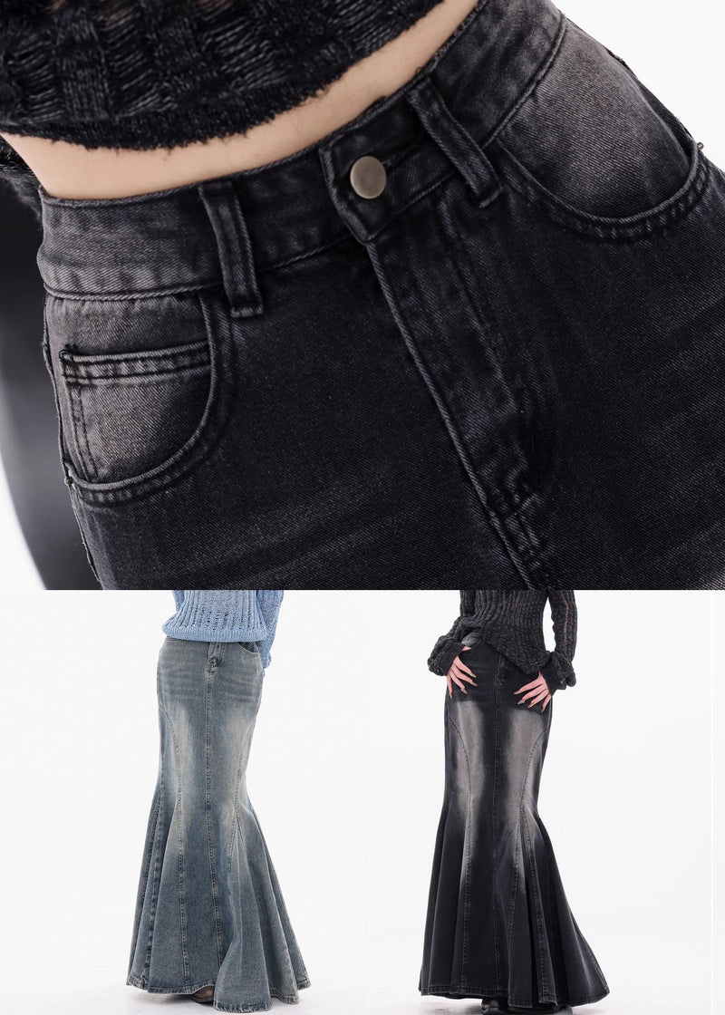 Black Pockets High Waist Denim Maxi Skirts Fall