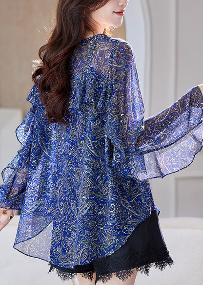 Organic Blue Print Ruffled Patchwork Chiffon Blouses Summer
