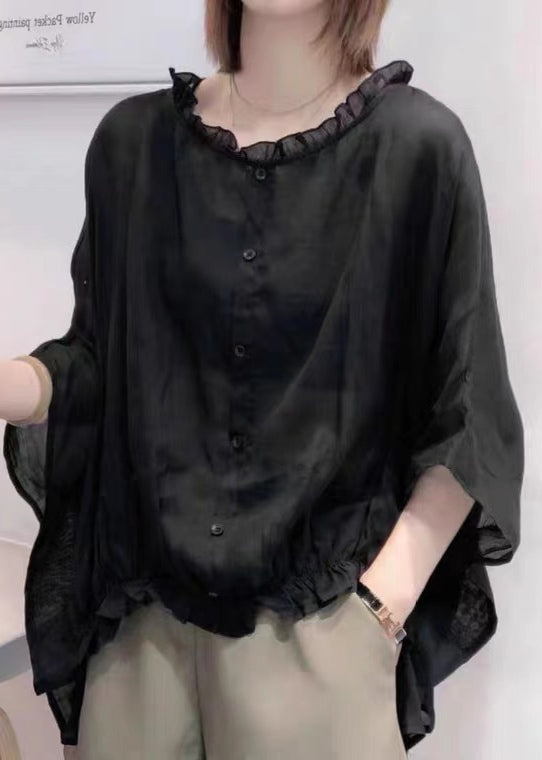 Black Tops Ruffles Trim Half Sleeve Shirts Blouse