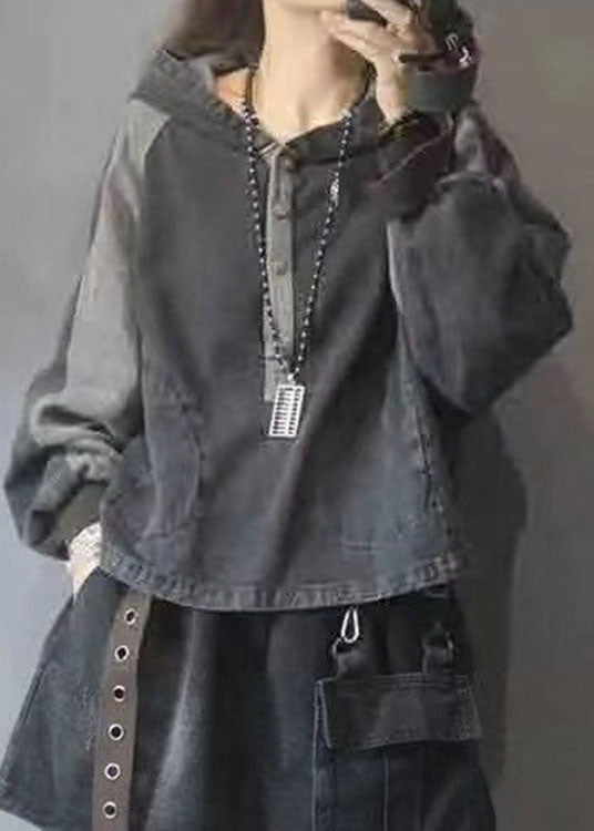 Black Hooded Patchwork Button Fall Denim Pullover Street Wear