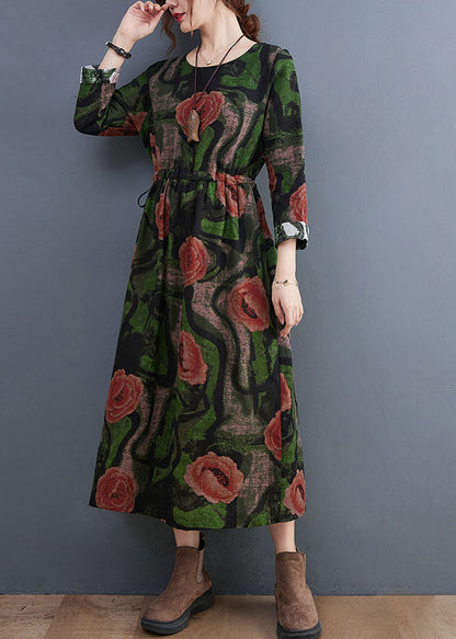 Green O-neck Print Cotton Long Dress Long Sleeve