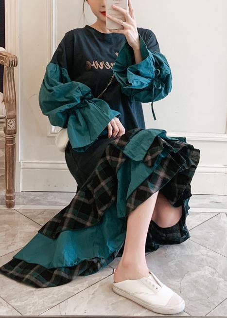 Modern O Neck Ruffles Spring Tunic Pattern Work Outfits Green Letter Dresses