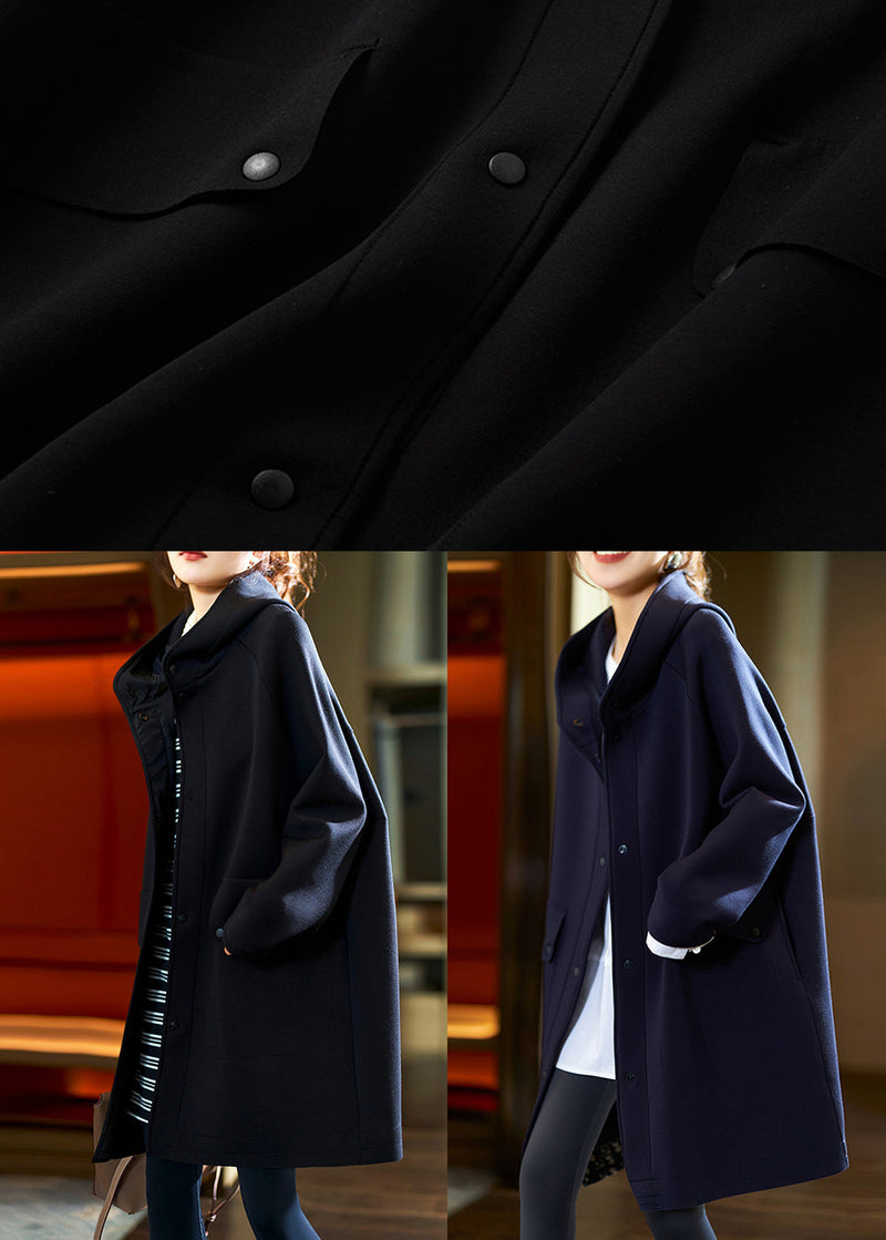 Navy Pockets Oversized Cotton Coats Hooded Long Sleeve