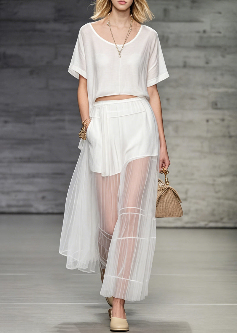 White O Neck T Shirt and Skirts Tulle Patchwork Two Pieces Set Summer