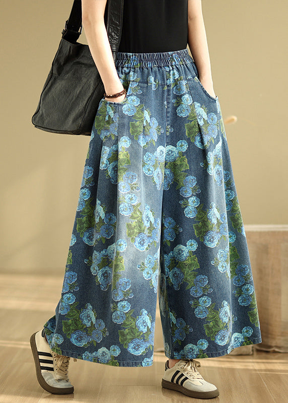 Blue Print Pockets Denim Drop Wide Leg Pants