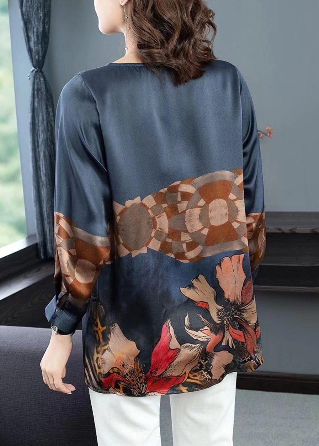 Navy O Neck Print Patchwork Silk Tops Fall