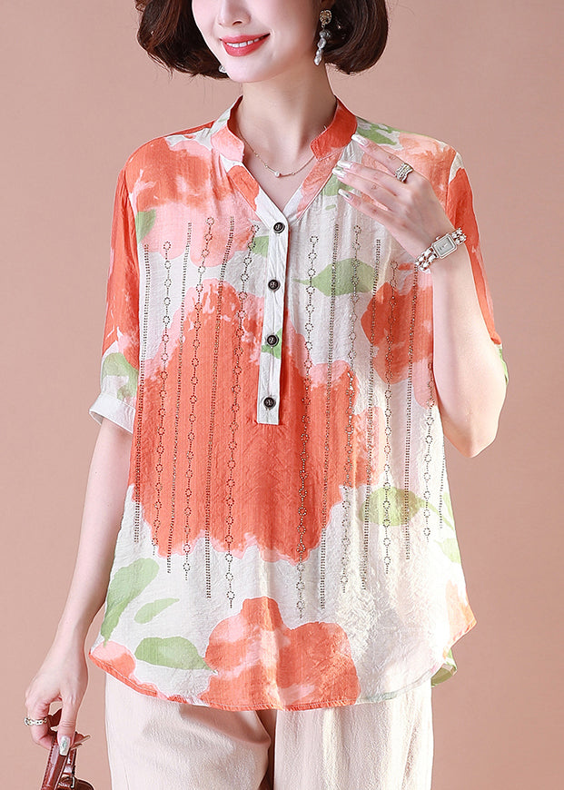 Loose Orange Print Button Cotton T Shirt Summer