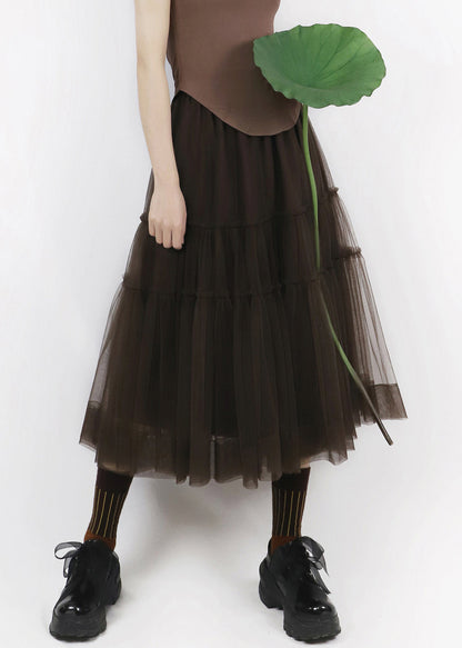 Chocolate Patchwork Tulle Pleated Skirt Elastic Waist