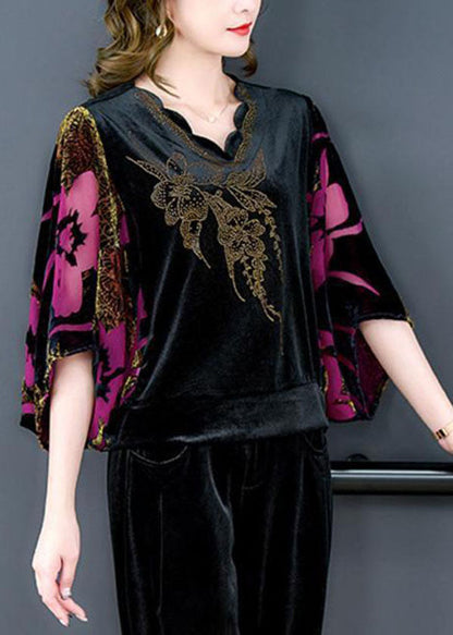 Rose Print Silk Velour Tops and Pants Two Pieces Set V Neck Batwing Sleeve