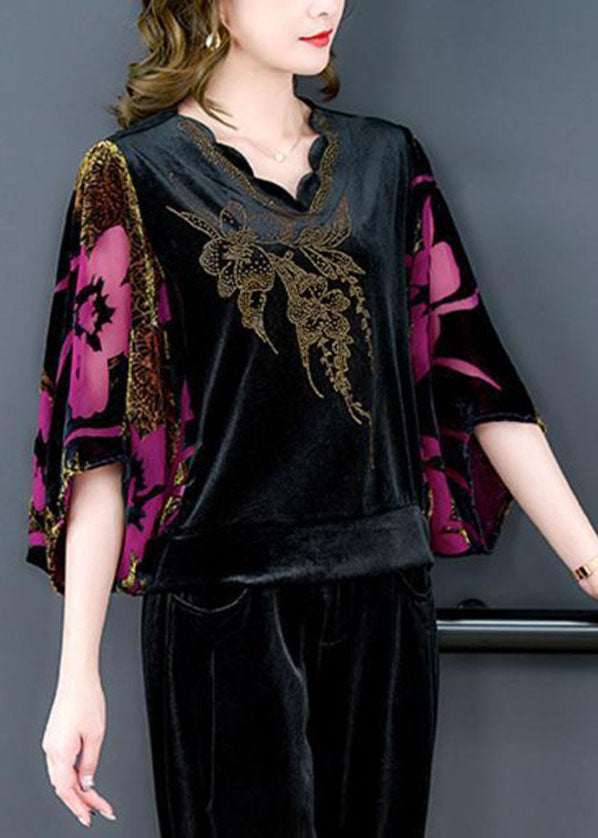 Rose Print Silk Velour Tops and Pants Two Pieces Set V Neck Batwing Sleeve