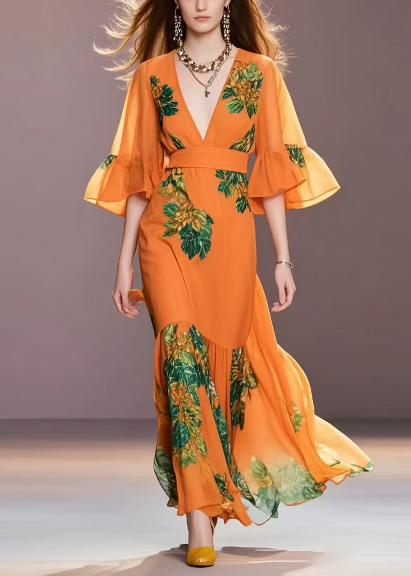 Boutique Orange Print Chiffon Robe Dresses Flare Sleeve Summer
