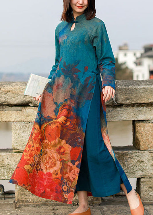 Chinese Style Mandarin Collar Side Open Print Dresses Long Sleeve