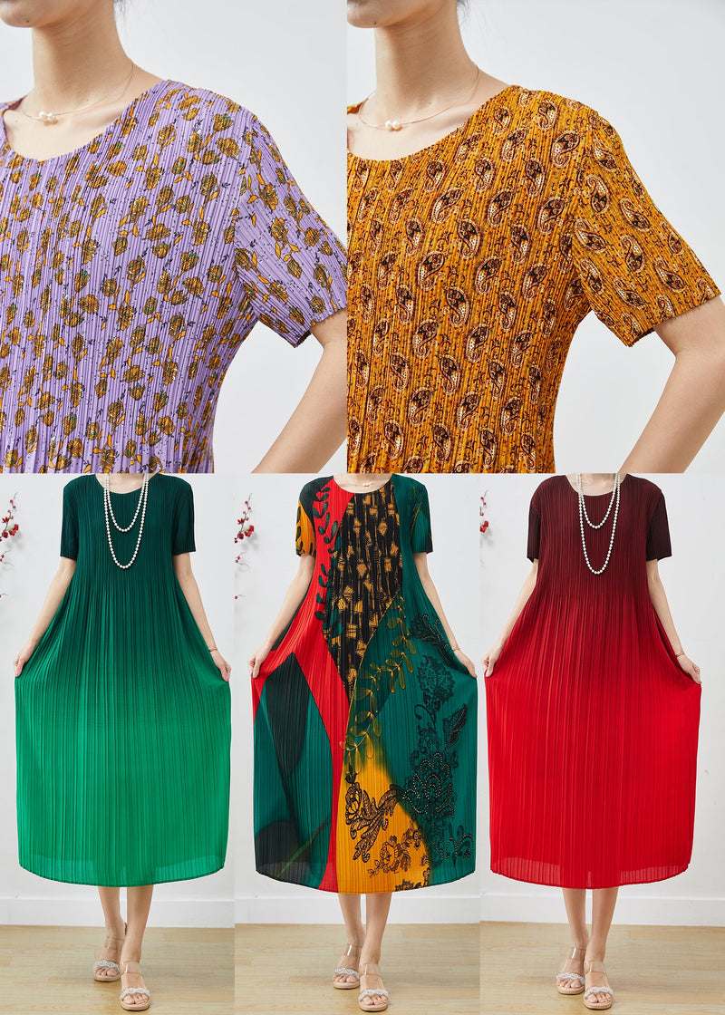 Yellow Print Chiffon Pleated Dress Summer