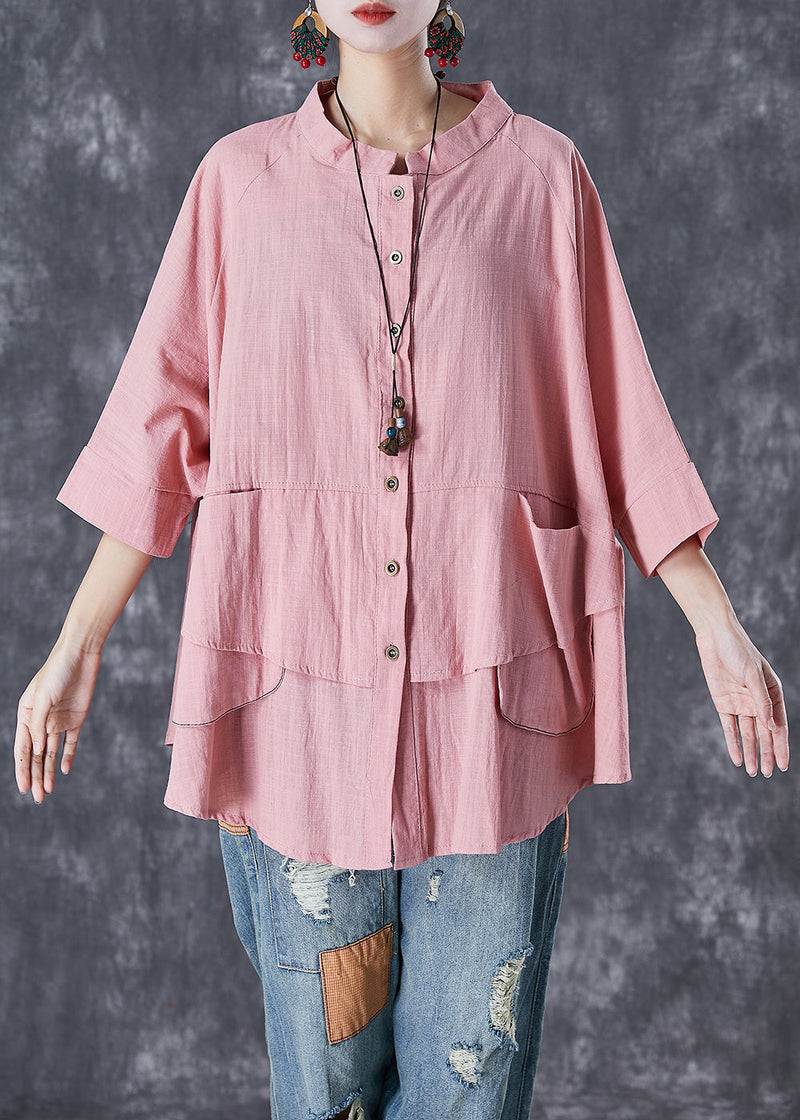 Pink Button Down Pockets Linen Blouses Batwing Sleeve