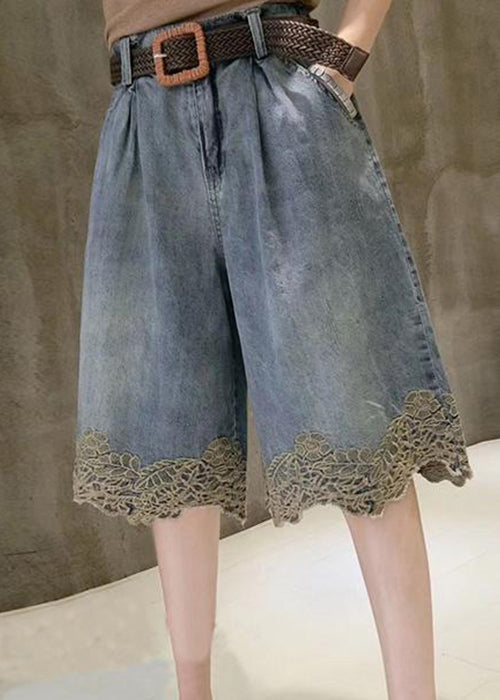 Blue Pockets Lace Patchwork Denim Shorts Summer