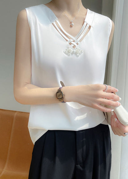 White Nail Bead Silk Tank V Neck Sleeveless