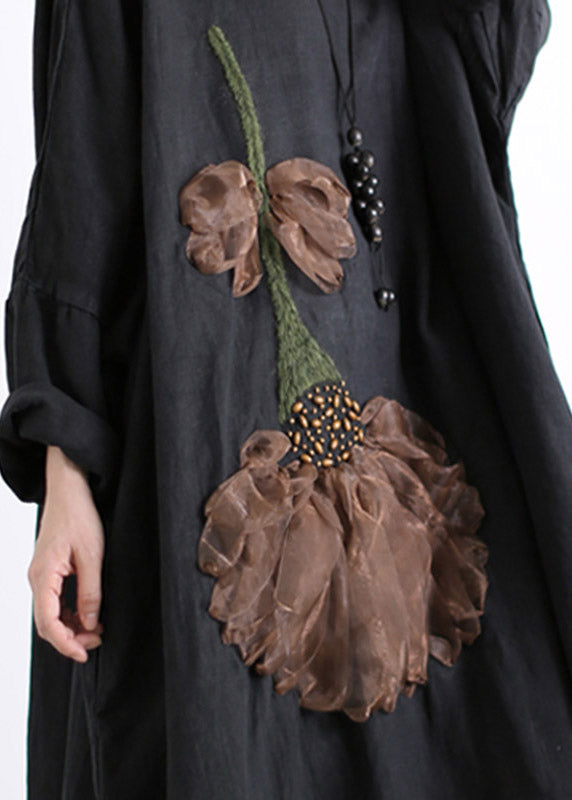 Black V Neck Embroideried Linen Dress Long Sleeve