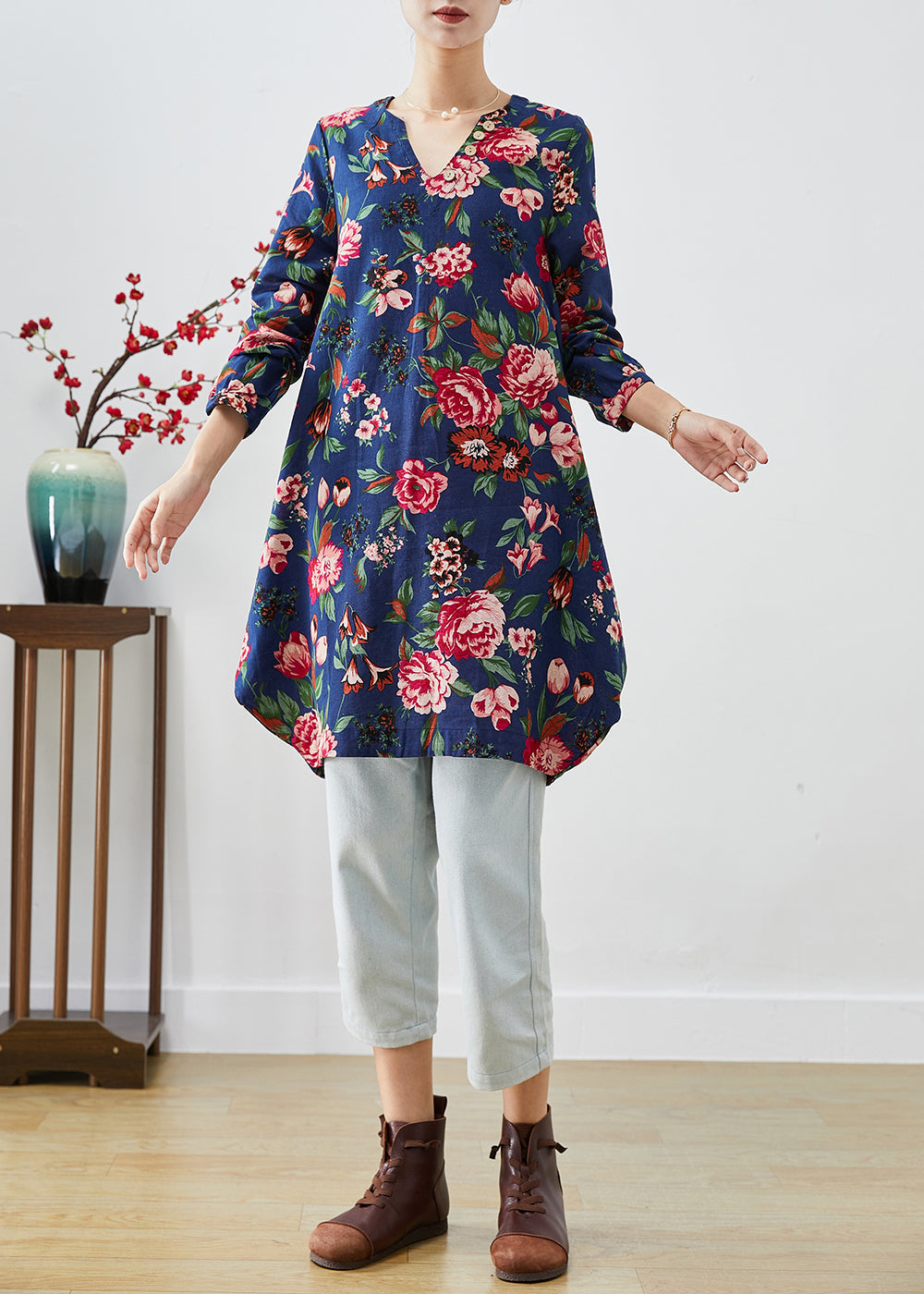 Handmade Navy V Neck Print Linen a Line Dresses Fall