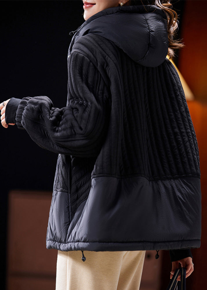 Black Hooded Button Cotton Filled Coat Long Sleeve