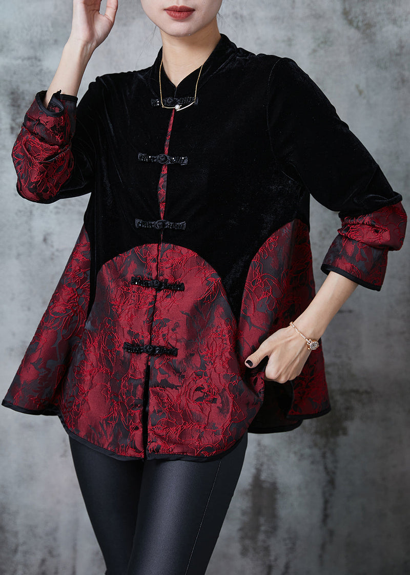 Black Chinese Button Patchwork Velvet Oriental Coats Fall