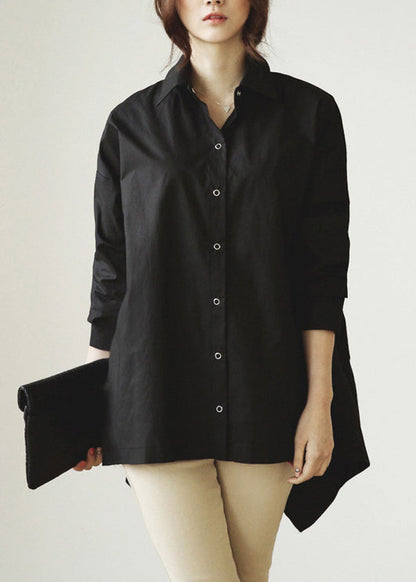 Black Peter Pan Collar Drawstring Cotton Blouse Tops Fall